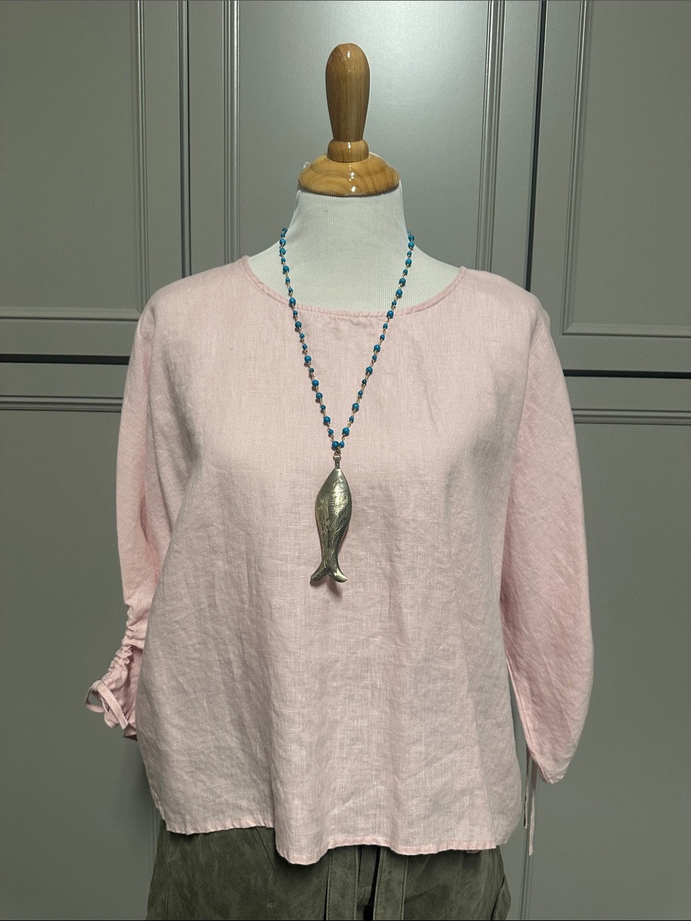 For Cynthia Light Pink Linen Blend Round-Neck Blouse